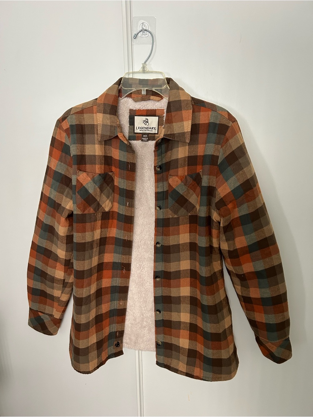 Legendary Whitetails Brown Rust Tan Green Plaid Sherpa-Lined Shirt Jacket
